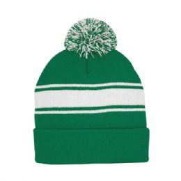 24 pieces Striped Pom Cuff Beanie Green-WHITE - Winter Beanie Hats