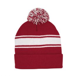 24 pieces Striped Pom Cuff Beanie RED-White - Winter Beanie Hats
