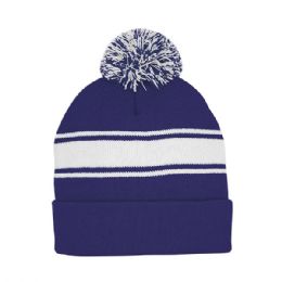 24 pieces Striped Pom Cuff Beanie RYL-White - Winter Beanie Hats