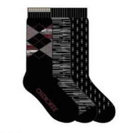 12 pieces 3 Men's Cherokee Black Pattern Crew Socks Size 10-13 - Mens Crew Socks
