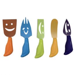 36 Wholesale 5 Piece Colorful Non Stick Smiley Faces Cheese Knives Set