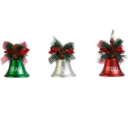 24 pieces Jingle Bell Ornament W/ Greeting & Pine & Ribbon Trim 3 Asst Peace/ Joy/ Noel Xmas ht - Bows & Ribbons