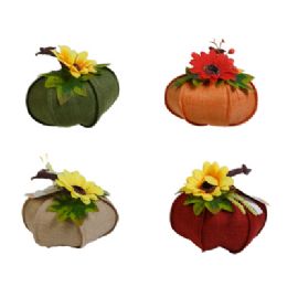 24 pieces Pumpkin W/ Floral Decor Burlap 4 Ast Clrs Harv/ Ht/ 4 X 2.25in - Thanksgiving