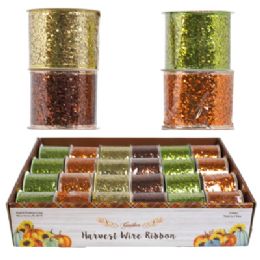 24 pieces Ribbon Wire Harvest 2.5in X 3yds Ast Sparkle 24pc Pdq - Bows & Ribbons