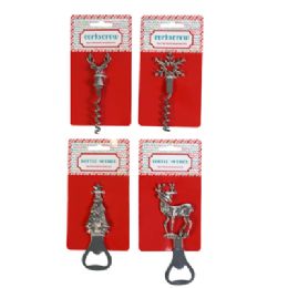 48 pieces Bottle Opener/ Corkscrew Christmas 4 Asst Zinc/ Ss On 12pc Mdsg Strip / Pbslv - Christmas Novelties