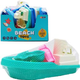 12 pieces 9.25" Beach Boat W/ 4pc Accss In Net Bag In 12pc Display Box - Beach Toys