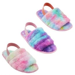 Wholesale Footwear Assorted Colors Women's Tie Dye Fuzzy Slippers With Heel Strap In Sizes 6-10