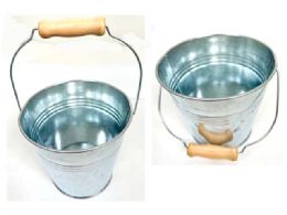 96 Pieces Tin Bucket With Wooden Grip - Buckets & Basins