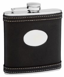 6 of Leather Hip Flask Holding 6 oz White Accent Stitching