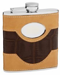 6 of 6oz Two-Tone Faux Leather Flask with Oval Engraving Area