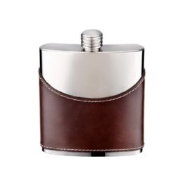 6 of 6oz Brown Leather Flask with Mirror Finish