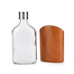 3 Pieces Glass Flask With Cap Hip Flask Genuine Brown Leather Pouch Holder - 4 6 Or 8 Ounces - Drinking Water Bottle