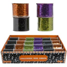 24 pieces Ribbon Wire Halloween Sequin Glitter 2.5in X 3yrds Solid Clrs 24pc Pdq - Halloween