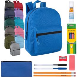 24 of 15-Inch Basic Backpack With 12-Piece School Supplies Kit - 12 Colors