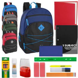 24 of 18-Inch MultI-Pocket Bungee Backpack With 20-Piece School Supply Kit - 5 Colors