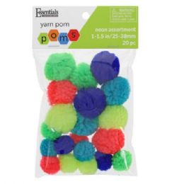 56 pieces Essentials By Leisure 20 Count Assorted Sizes Neon Colors Yarn Craft Pom Poms - Pom Poms and Feathers