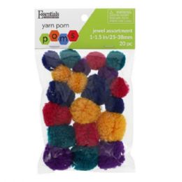 56 pieces Essentials By Leisure 20 Count Assorted Sizes Jewel Colors Yarn Craft Pom Poms - Pom Poms and Feathers