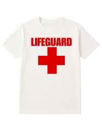 Unisex Cotton Lifeguard Printed T Shirt White With Red Print Back And Front Size Small