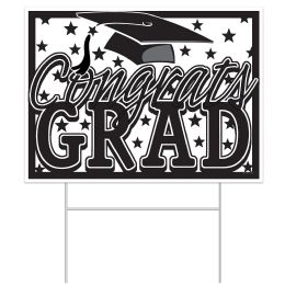 60 Wholesale Plastic Congrats Grad Yard Sign - White/Black