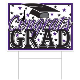 60 Wholesale Plastic Congrats Grad Yard Sign - Purple/Black