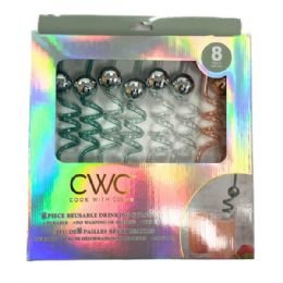 8 pieces Cook With Color 8 Piece Teal And Gold Disco Ball Bpa Free Swirly Plastic Straw Set - Straws and Stirrers