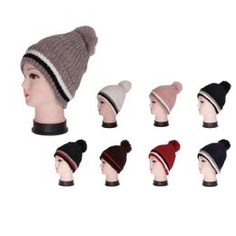 36 Pieces Women's Striped Knit Hat With Pom Pom - Winter Beanie Hats