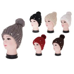 36 Pieces Women Cozy Winter Beanie With Rhinestones And Faux Fur Pom Pom - Winter Beanie Hats