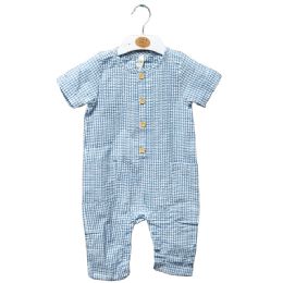 48 Pieces Infant Woven Cotton Gingham Short Sleeve Blue Romper Size 3-12Months - Baby Apparel