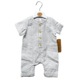 48 Pieces Infant Woven Cotton Gingham Short Sleeve Grey Romper - Baby Apparel
