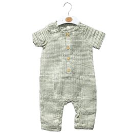 48 Pieces Infant Woven Cotton Gingham Short Sleeve Sage Romper - Baby Apparel