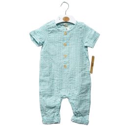 48 Pieces Newborn Woven Cotton Gingham Short Sleeve Blue Romper - Baby Apparel