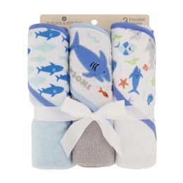 24 Sets Infant Boys' Hooded Towel Set With Shark Theme (3-Piece) - Bath Towels