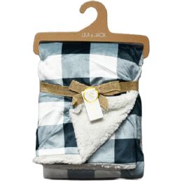 48 Pieces Blue/white Gingham Print And Sherpa Backing Mink Throw 30-inchx40-inch - Fleece & Sherpa Blankets