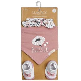 36 Sets 3-Piece Mauve And Floral "blessed" Set: Headband, Bandana Bib, And Pairs Of Socks - Baby Accessories