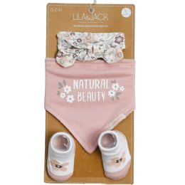 36 Sets 3-Piece Pink And Floral "natural Beauty" Set: Headband, Bandana Bib, And Pair Of Socks - Baby Accessories