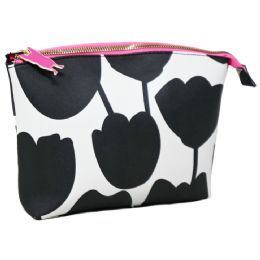 40 Pieces Black And White Graphic Tulip Print Cosmetic Bag With Pink Zipper - Cosmetic Cases