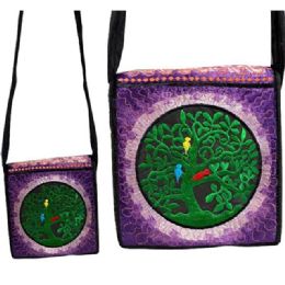 5 pieces Silk Embroidered Tree Of Life Multicolor Bird Purple Sling - Draw String & Sling Packs