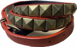 12 pieces Red Single Row Studded Belt - Unisex Fashion Belts