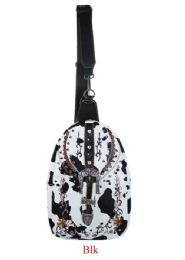 12 pieces of Western Style Rhinestone Buckle Cow Print Cross Backpack Black