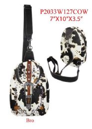 12 pieces of Western Style Rhinestone Buckle Cow Print Cross Backpack Brown