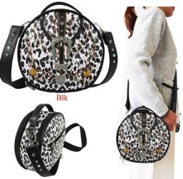 12 Pieces Western Style Leopard Print Rhinestone Round Crossbody BaG-Black - Draw String & Sling Packs