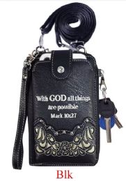12 Pieces "with God All Things Are Possible" Rhinestone Cross Cell Phone WalleT-Black - Card Holders and Address Books