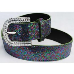 12 pieces Multicolor Sparkle Belts With Rhinestone Buckle - Unisex Fashion Belts