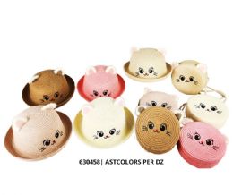 12 pieces Kids Straw Sun Hat & Purse Sets - Lovely Kitten Design - Girls Toy Sets