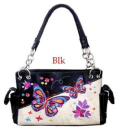 12 pieces Butterflies & Flowers Western Satchel - Black & White - Leather Purses and Handbags
