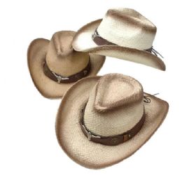 12 pieces Woven Cowboy Hats - Metal Longhorn Design - Cowboy & Boonie Hat