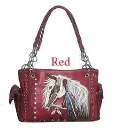 12 pieces Western Horse Embroidery Concealed Carry Purse - Red - Leather Purses and Handbags