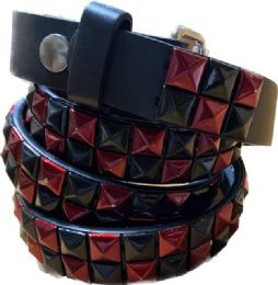 12 pieces Metallic Red & Black Studded 2-Row Skinny Belts - Unisex Fashion Belts