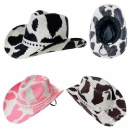 12 pieces Painted Cow Print Cowboy Hats With Braided Band - Cowboy & Boonie Hat