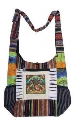 5 Pieces Nepal Handmade Cotton Sling Bags With Side Pocket - Mushroom Tree Of Life & Birds - Draw String & Sling Packs